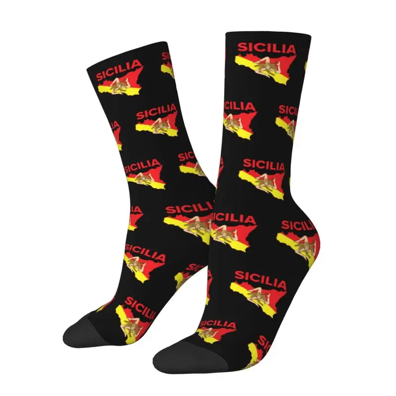 Custom Map Of Sicily Trinacria Men's Crew Socks Unisex Cute 3D Printed Italy Sicilian Pride Dress Socks