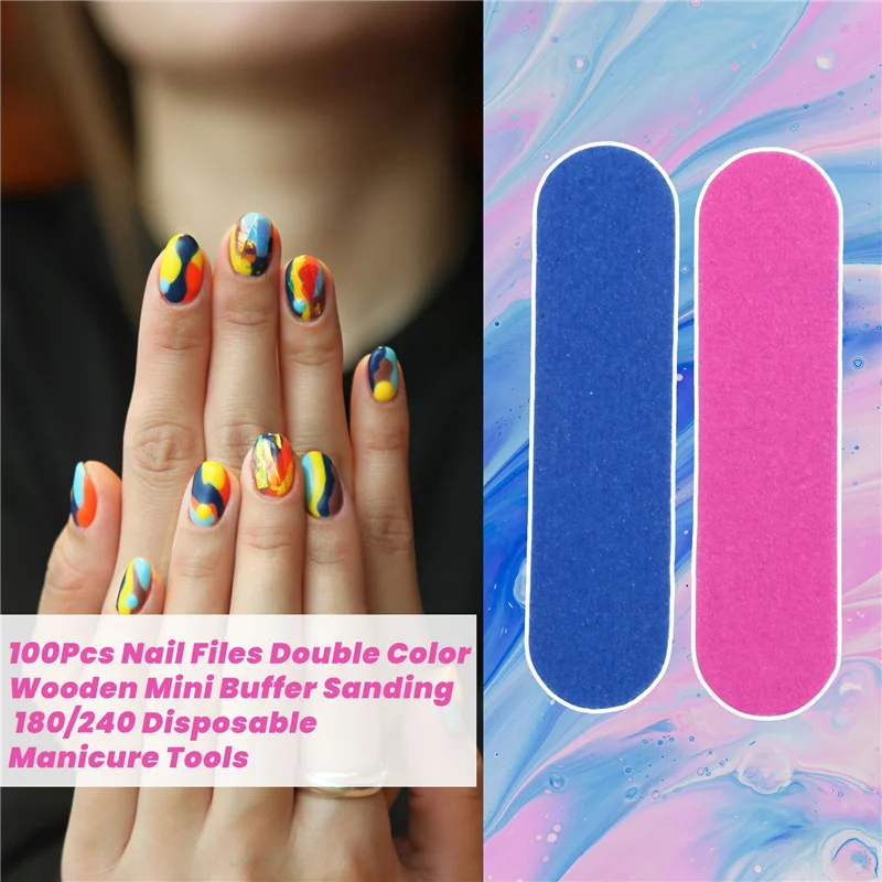 

A24R 100Pcs Nail Files Double Color Wooden Mini Buffer Sanding 180/240 Disposable Manicure Tools