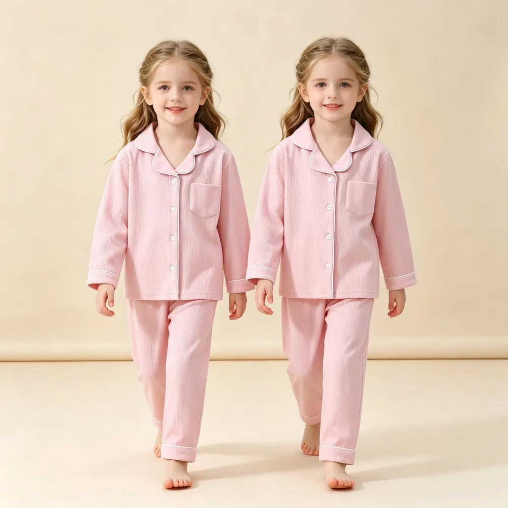 Children's Pajamas Set Kids Ribbed Knit Pyjamas Lapel Collar Button Down Long Sleeve Night Suit With Pocket Kids Soft Loungewear