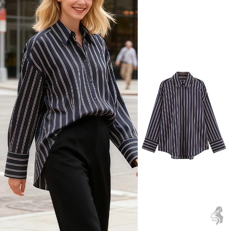 

Women's Striped Button Down Shirt Long Sleeve Collared Oversized Blouse Casual Office Top