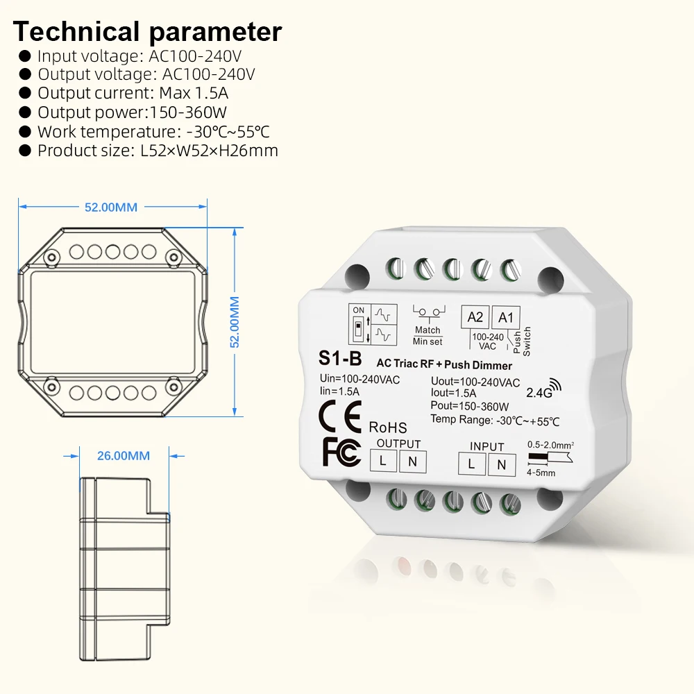 Ściemniacz LED 220V 230V Bezprzewodowy pilot zdalnego sterowania S1-B AC Triac RF Przełącznik Push Dimmer 2.4G Touch Dimmer do żarówki LED