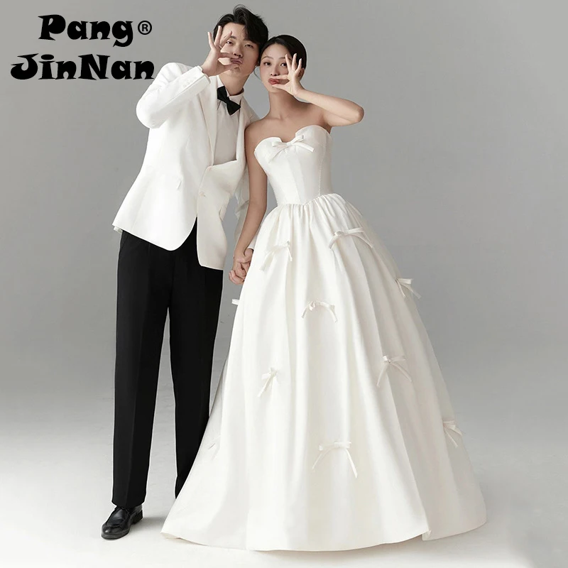 

PJN 2025 NEW Bow Strapless Wedding Dress Bride Luxury White Satin Reception Snapshot Dresses Women Long Prom Evening Party Dress