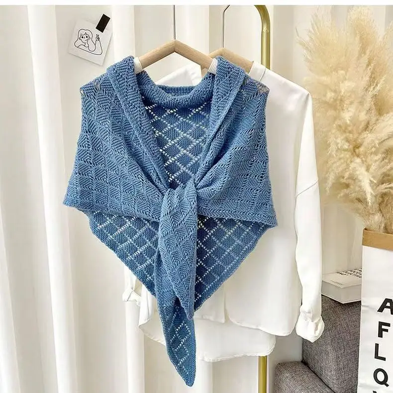 Cross Front Openwork Diamond Knit Shawl for Women Triangle Scarf Warm Shoulder Wrap for Spring Autumn Layering