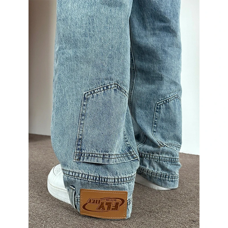 

Light Blue Inverted Jeans Men's Trendy Loose Wide Leg Pants Cool Handsome High Waist Zipper Casual Straight Leg Trousers