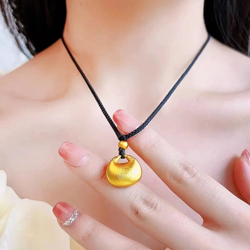 9999 real gold small fat Fu long life lock pendant 24K gold small gold lump pendant auspicious clouds Yuanbao lucky bag necklace