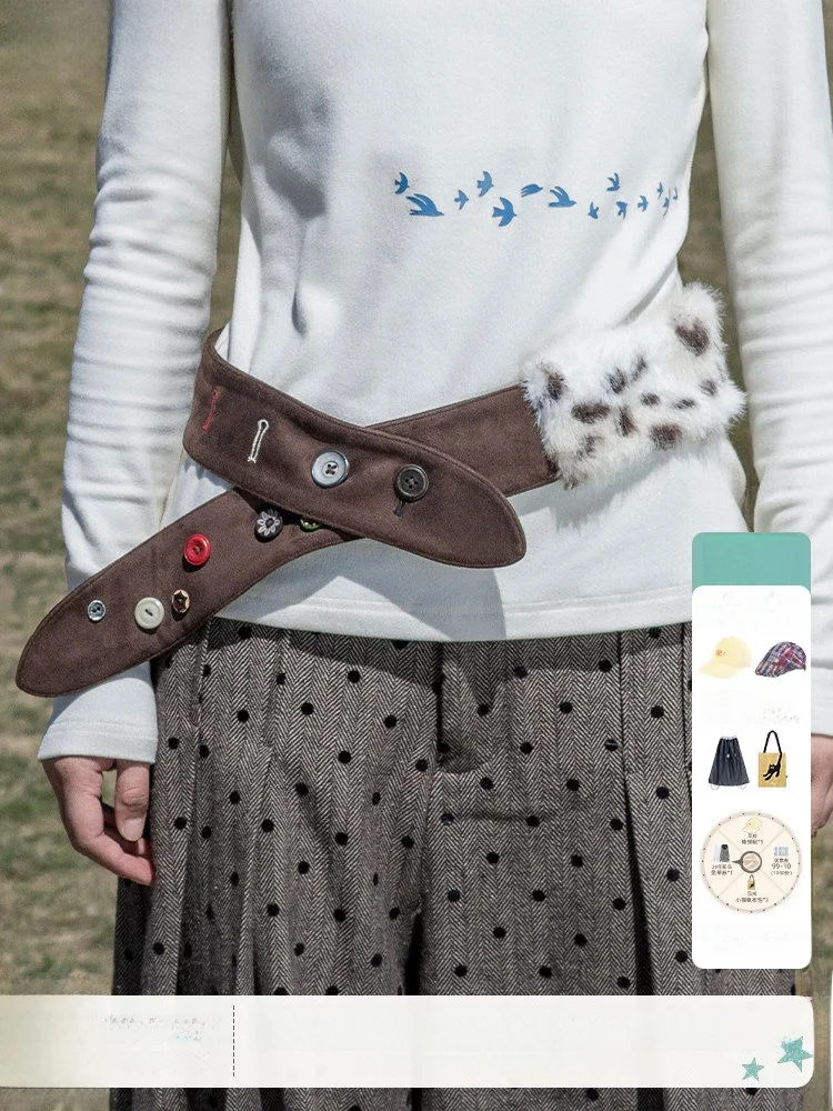 saoe-early-girl-retro-japanese-style-animal-patterned-plush-patchwork-button-decorative-belt-women's-casual-fashion-accessory
