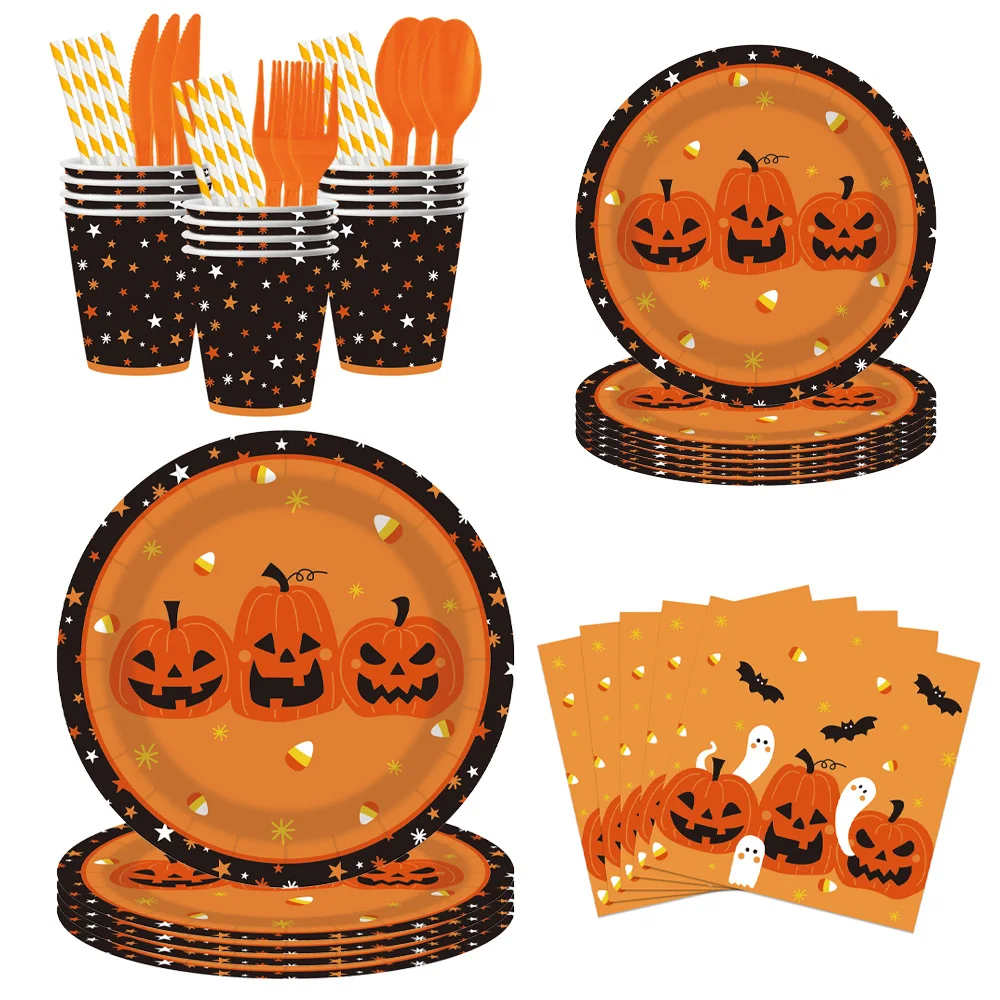 

90pcs Halloween Decorations Pumpkin Disposable Party Tableware Set Paper Plates Cups Napkins Straws Party Supplies