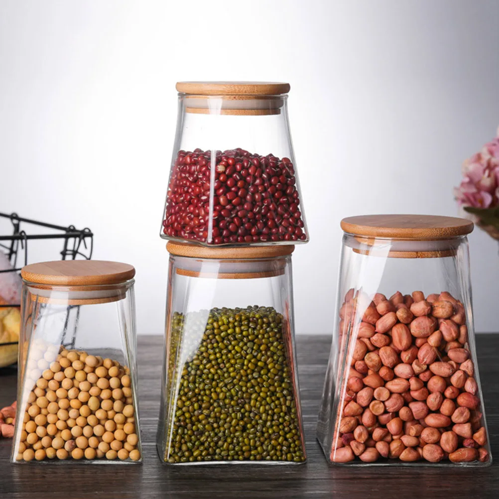 

350Ml Glass Tank Sealed Storage Can Square Glass Container Wooden Lid Portable Storage Bottle For Grains Nuts Snacks Tea