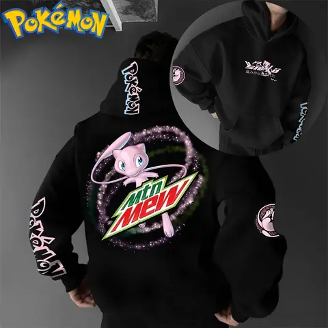 เสื้อฮู้ดลายโปเกมอนมิวผ้าฝ้ายและกางเกงฮาราจูกุ ชุดเซ็ตสองชิ้นลายตัวละครแบล็คพิงค์ ชุดลำลองสไตล์สตรีทแวร์