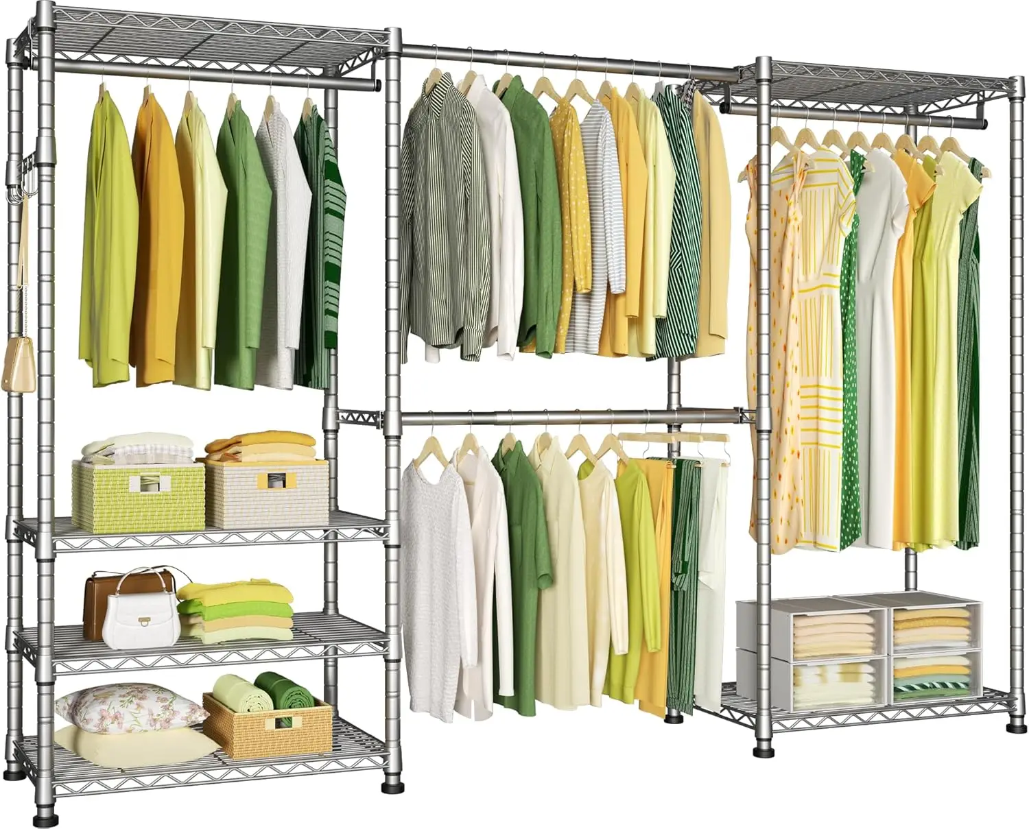 E1 Heavy Duty Closet Garment Rack, 6 Tiers Adjustable Metal Freestanding Expandable Clothing Storage with 4 Hanger Rods, Easy to