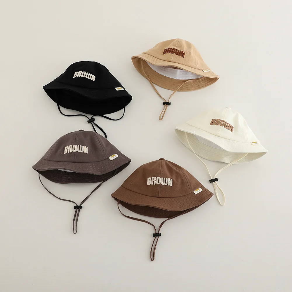 Brief Stickerei Infant Kleinkind Eimer Hut Casual Baby Sonnencreme Becken Kappe Einfarbig Baumwolle Junge Mädchen Panama Fischer Hüte