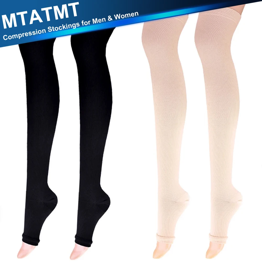 MTATMT 1Pair 20-30 Mmhg Compression Stockings for Men & Women, Thigh High Length, Dot-top, Open Toe