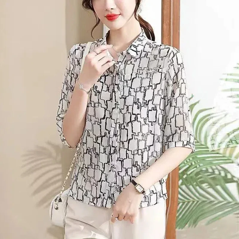 2024 Summer Women\'s New Patchwork Polo Shirts Button Printing Fashion Loose Comfortable All-match Half Sleeves Blouses Shirts