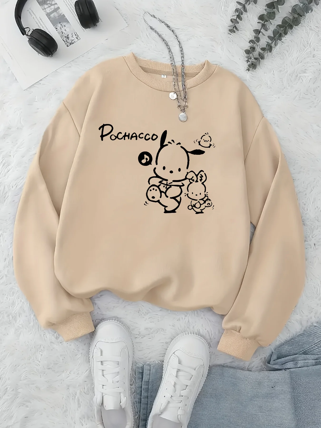

Женский свитшот с принтом Sanrio Dog, мягкий повседневный пуловер с длинными рукавами, топ для подростков, уличная одежда для фанатов аниме
