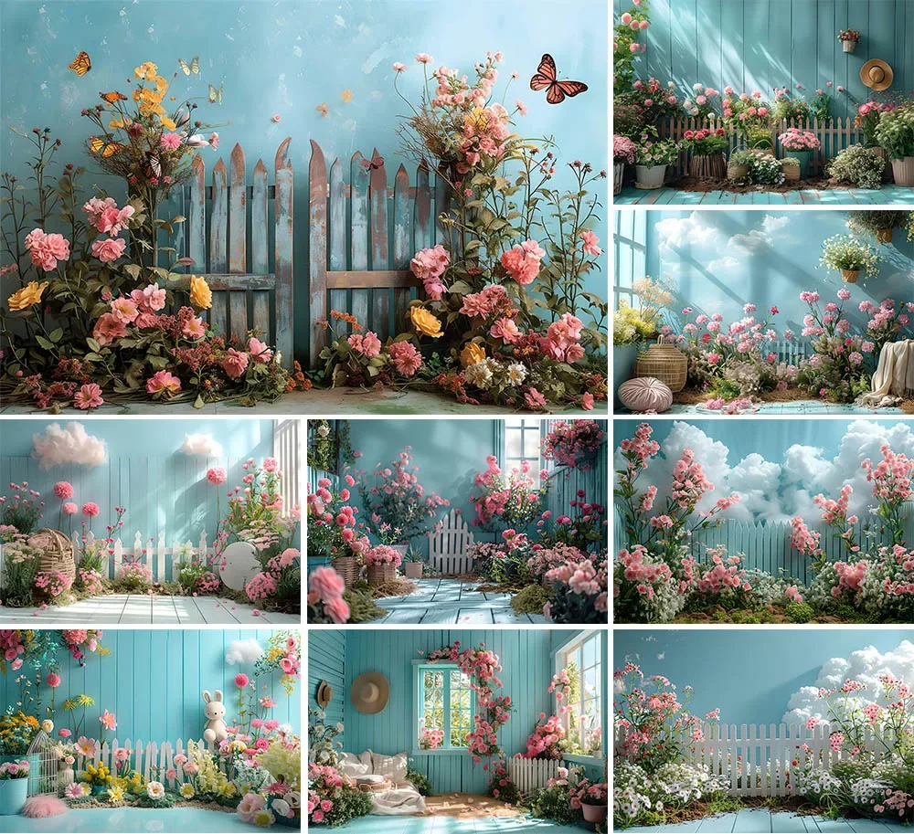 Mehofond Photography Background Blue Room Flowers Fence Garden Kids Adult Birthday Party Portrait Decor Backdrop Photo Studio
