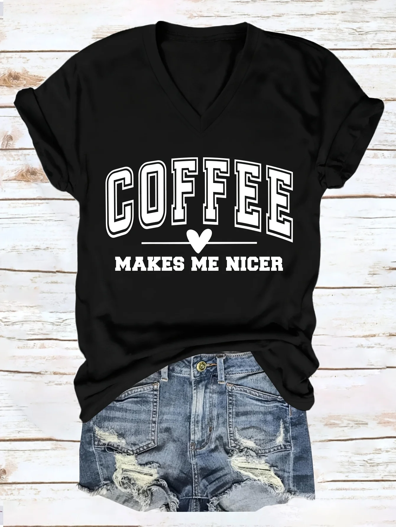 Coffee makes me nicer spot simple V-neck European and American women's T-shirt loose short sleeves