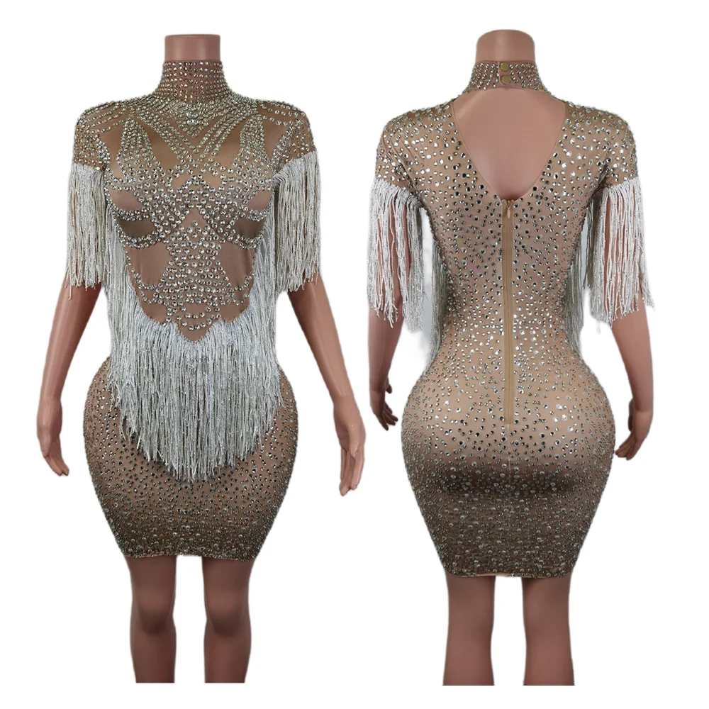 

Elegant Long Sleeves Tassel Rhinestone Cocktail Party Bodycon Dress Women Club Outfit Dinner Gown Sexy Prom Evening Mini Dress