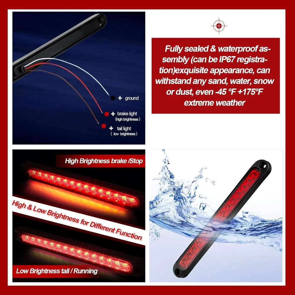 2 PCS 10 Inch 15 LED Trailer Tail Light Bar Stop Turn Assembly Third Brake Strip 9 to 30-volt Identification Light fo