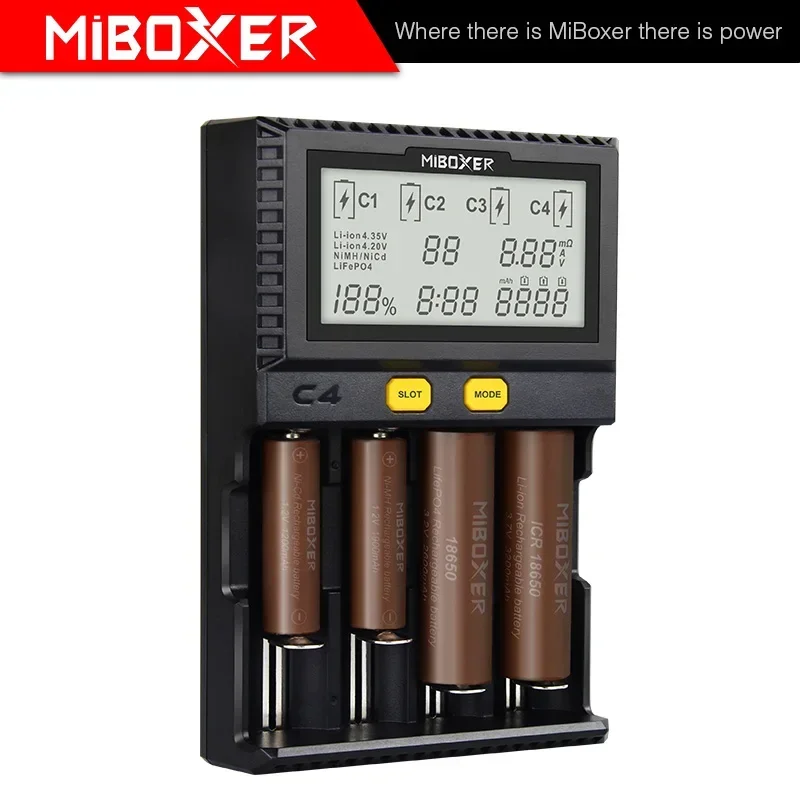 MiBoxer C4 Battery Max 2.5A/Slot Smart Charger Double AA  Super Fast 18650 14500 26650 Charger discharge Charge function