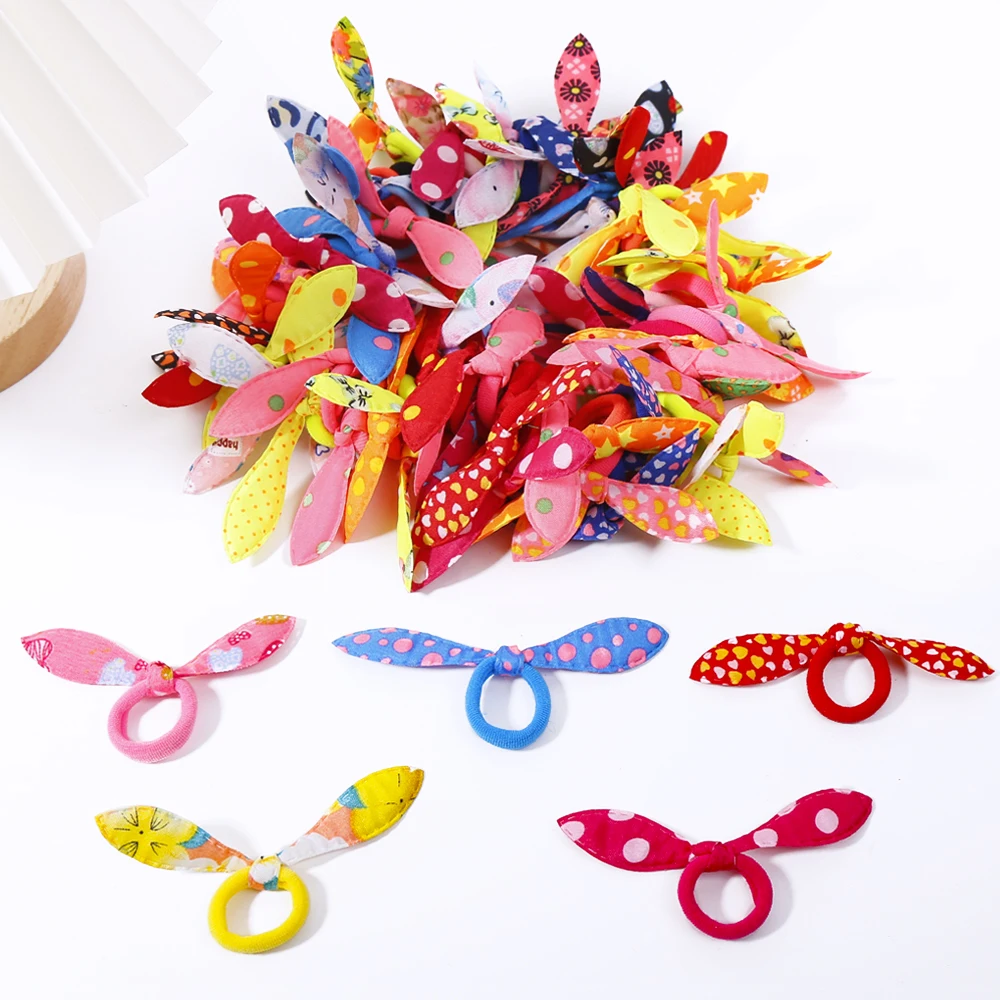 50PCS/Bag Elastic Hair Tie Mix Color Nylon Hairband Kids Children Rabbit Ear Girls Cute Rubber band Hair Accessories Ornaments