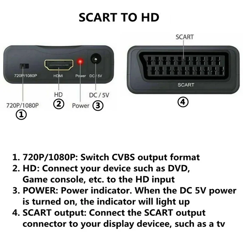 

1080P SCART To HDMI-compatible Video Audio Upscale Converter Adapter for HD TV DVD for Sky Box STB Plug and Play DC Cable