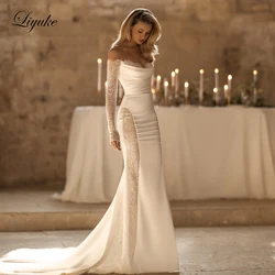 Liyuke Graceful Sweetheart Mermaid Bride Dress With Uniquisite Lace Off Shoulder Long Sleeves Pleats Wedding Gowns