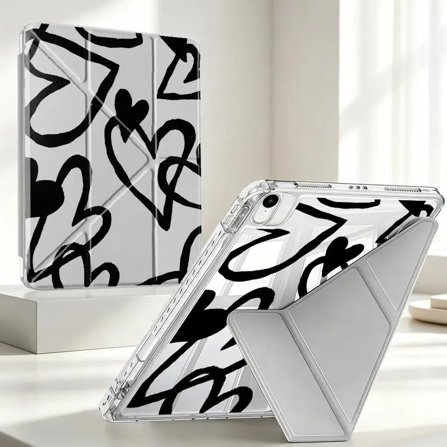 Tablet Case For iPad 11th 12th Pro 13 2025 2026 9th Air 8 M2 M3 3 Mini 7 6 5 10th Gen With Pen Slot Cover Black Heart Line Art