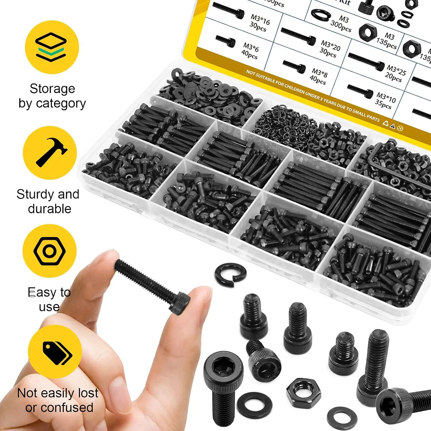 1120/600/480/272/200/185pcs M3/M4/M5/M6 Screws,12.9 Alloy Steel Nuts and Bolts Kit,Black Zinc Plated Hex Socket Head Screws