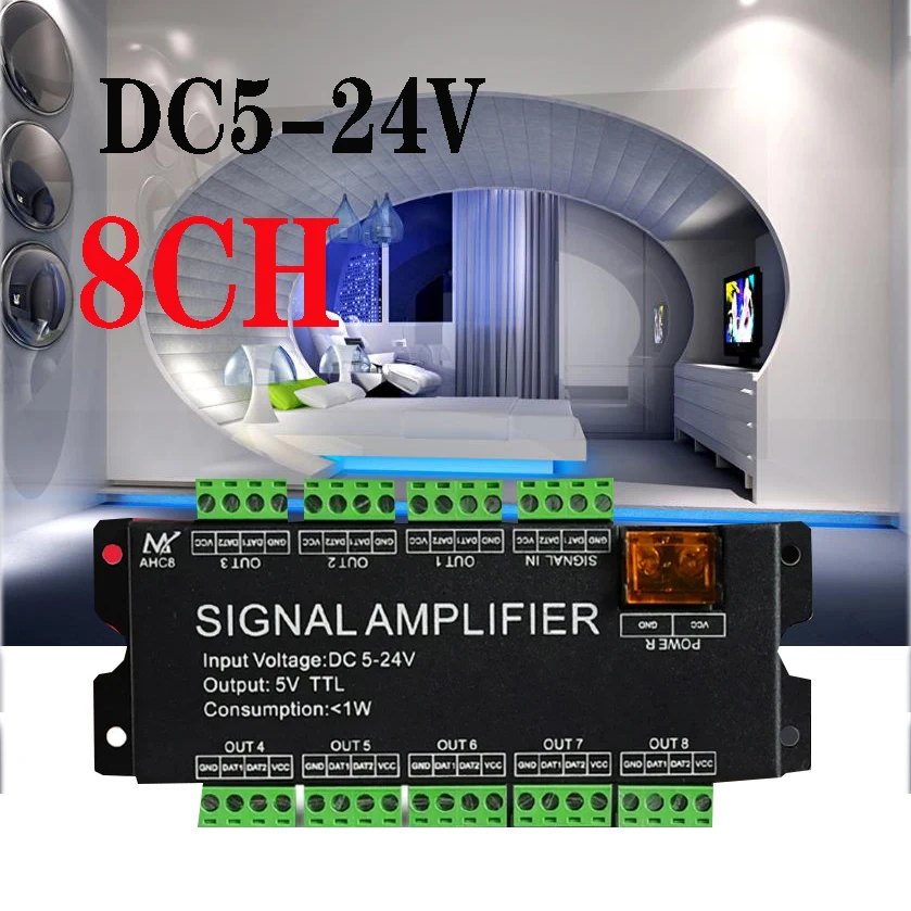 

8 Channels LED Controller SPI TTL Signal Synchronizer LED Amplifier for WS2811/2812B/1903 DC 5V-24V Input