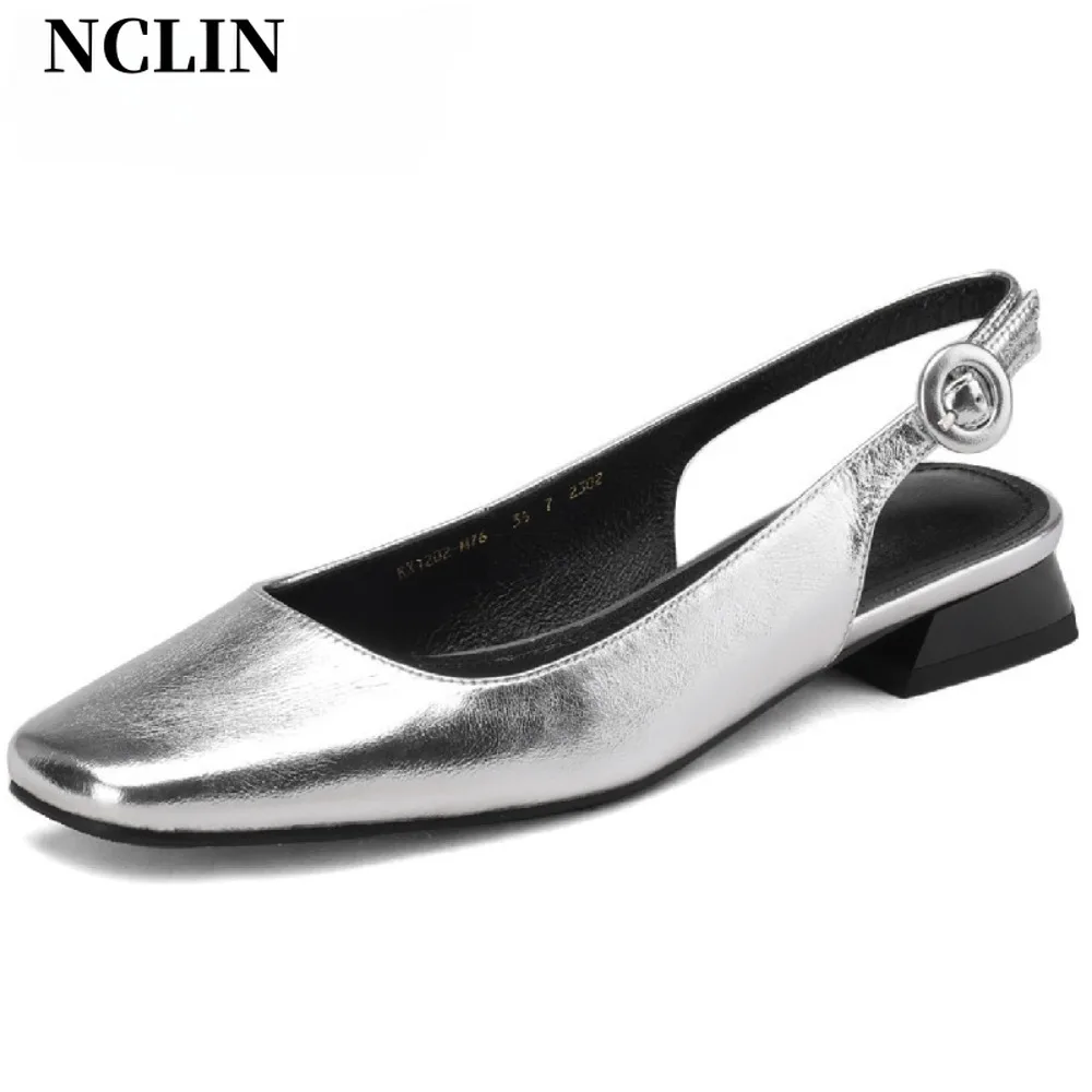 

NCLIN Spring Summer Women Pumps Concise Fashion Square Toe Low Heels Genuine Leather Slingbacks Sandals Shoes Woman