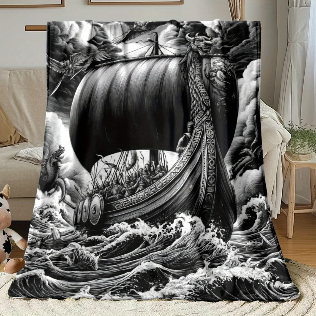 Mythological Ship Nautical Blanket Polyester Throw Fleece Sea Ocean Pirate Art Decor Home Accent Gift