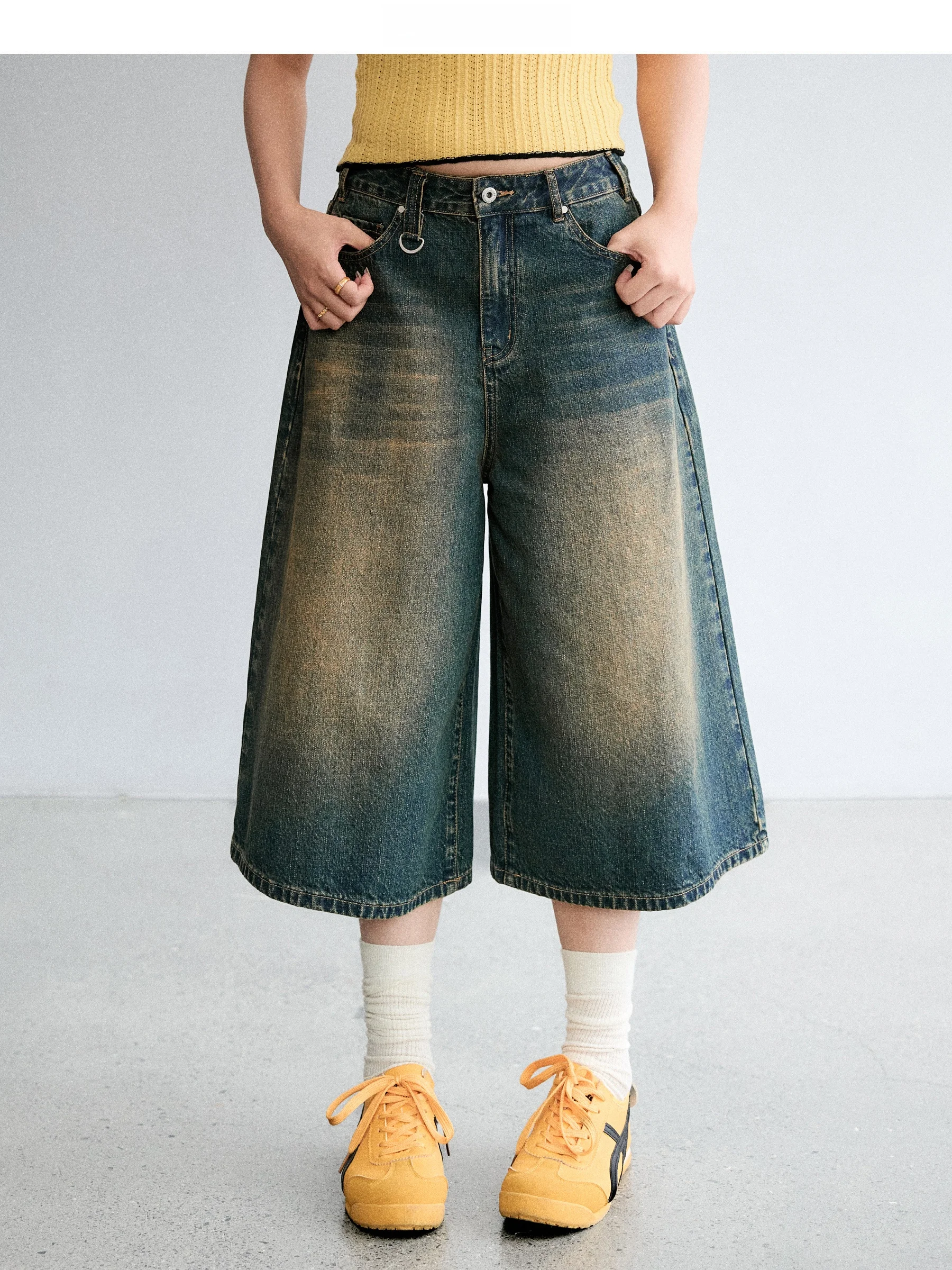 

JiShu Studio "Wheat Spike Dusk" plus Size Vintage Rusted Loose Meat Concealing Seven-Foot Jeans Large Size Denim Pants