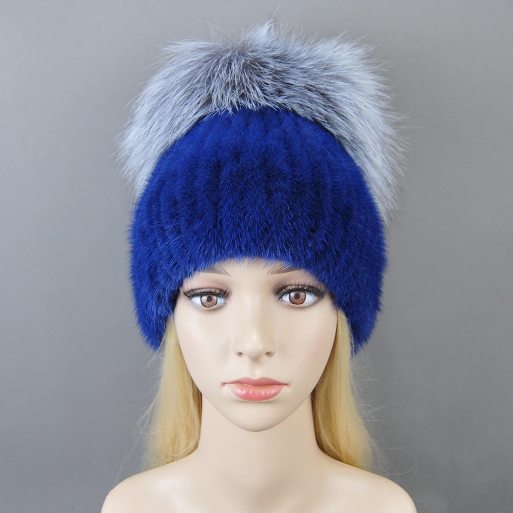 2024 New Luxury Women Winter Mink Fur Hats Knitted Real Mink Silver Fox Fur Caps Female Russian Winter Warm Real Fur Beanies Hat