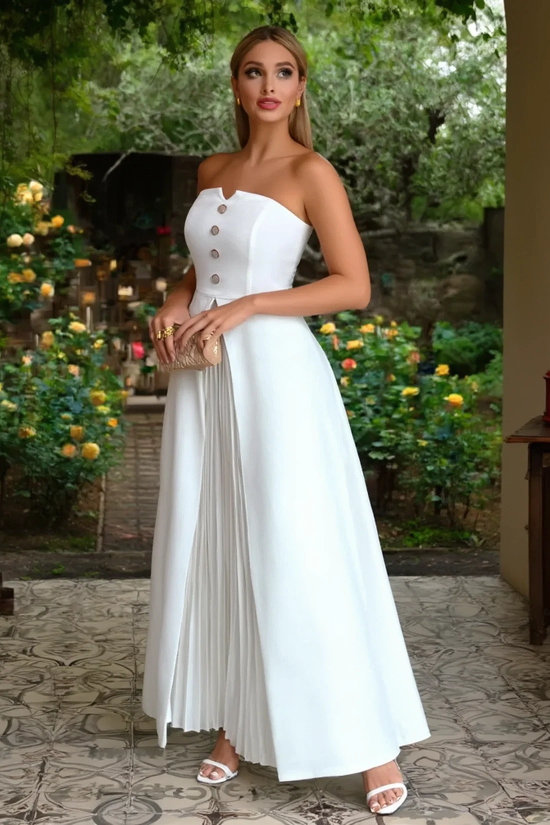 High Quality Customized Strapless Ankle Length Sleeveless Buttons Pleat Woman Vestidos Elegantes Para Mujer Para Una Boda Платье