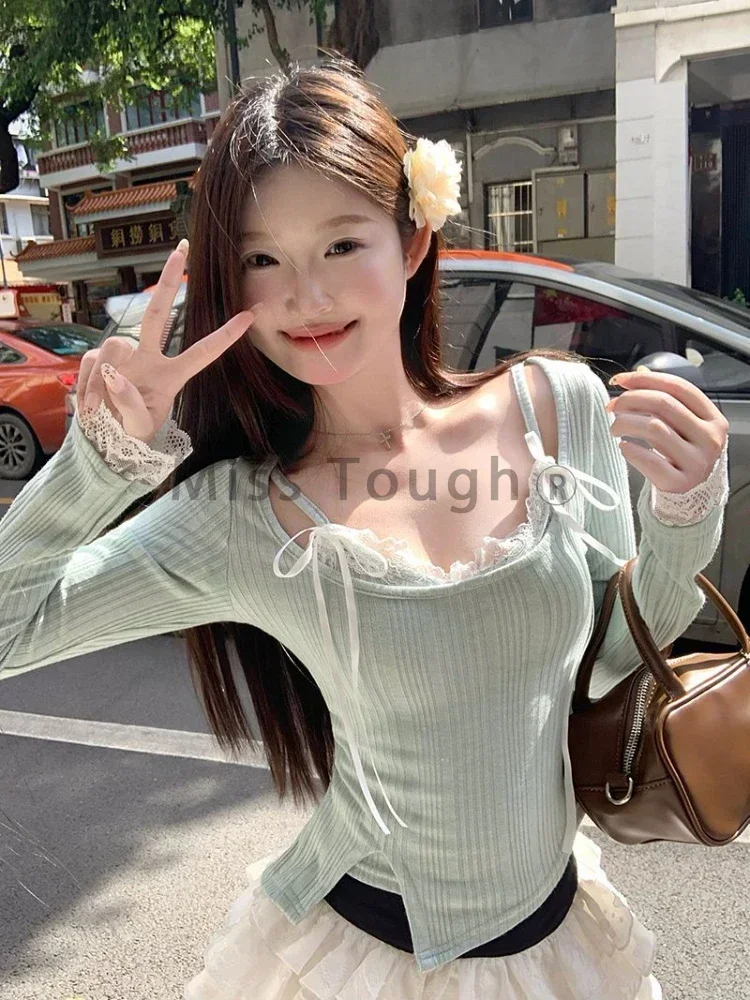 2024 Sweet Pure Style Green Base Tops Women Autumn Winter Lace Two Piece Clothes Sweet Spice Girl Bow Casual Cropped T-shirt New