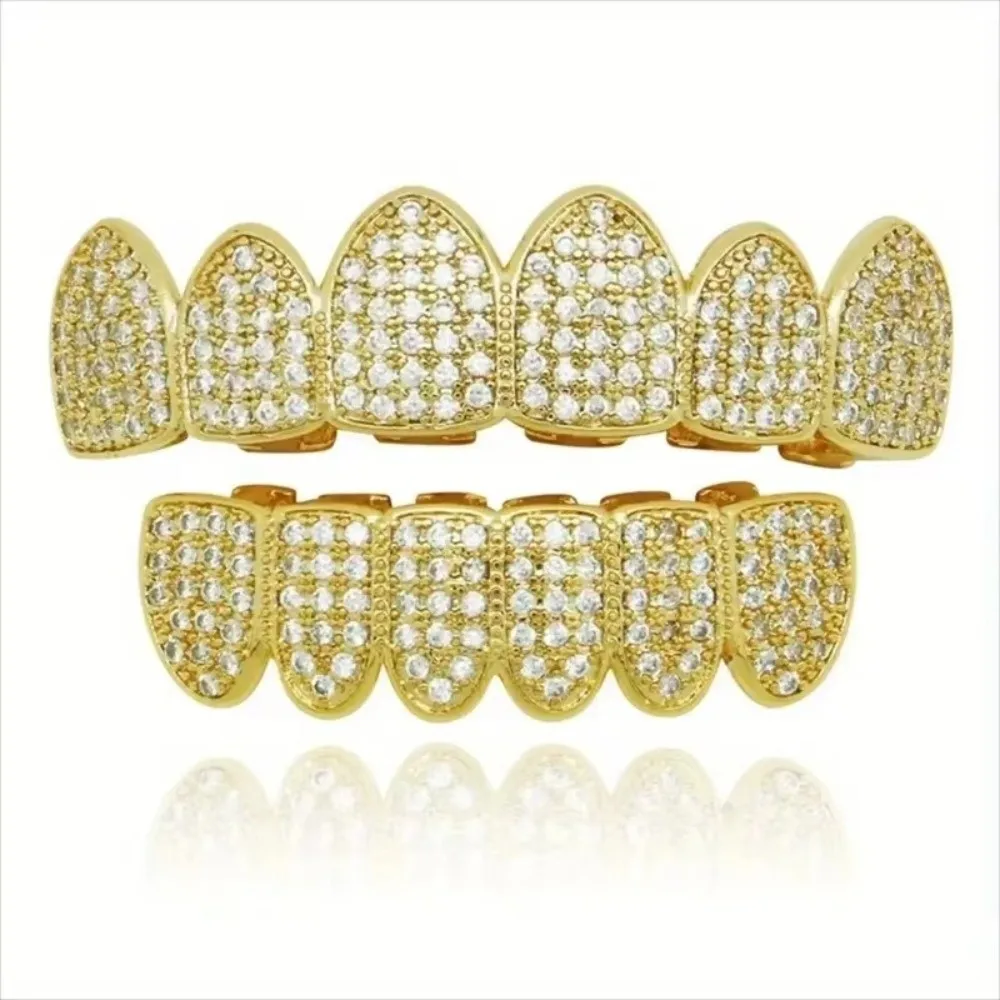 Fashion Cold Bling Teeth Decoration Silver Gold Teeth Brace Set Top Bottom Mouth Unisex Removable Teeth Cap For Fashion Jewelry