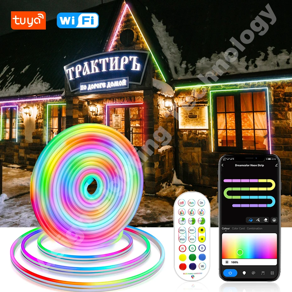 Tuya WiFi 12V RGBIC Neon taśma oświetleniowa Led 96LEDs/m RGB elastyczna taśma światło neonowe LED wodoodporna praca z alexą do wystroju pokoju