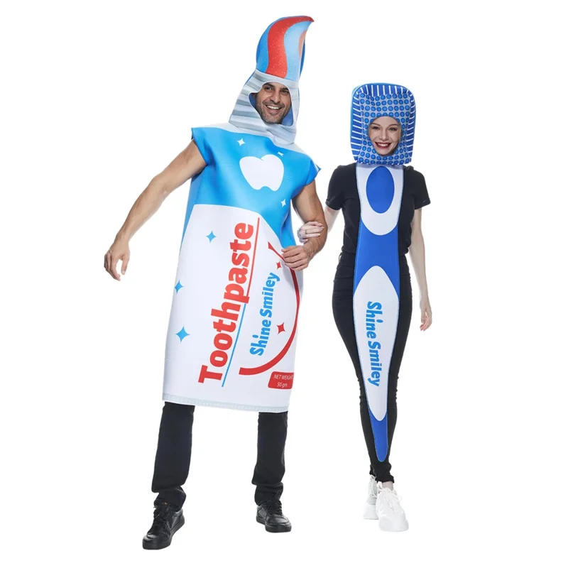 New Arrival Halloween Couple Costume Unique Funny Toothbrush and Toothpaste Costume Man Woman Carnival Party Outfit 2Pcs Set RZ3