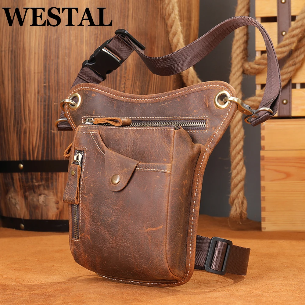 WESTAL Crazy Horse Leather Men Waist Pack for Phone Pouch Vintage Leg Bags Leather Men Shoulder Bags 9667