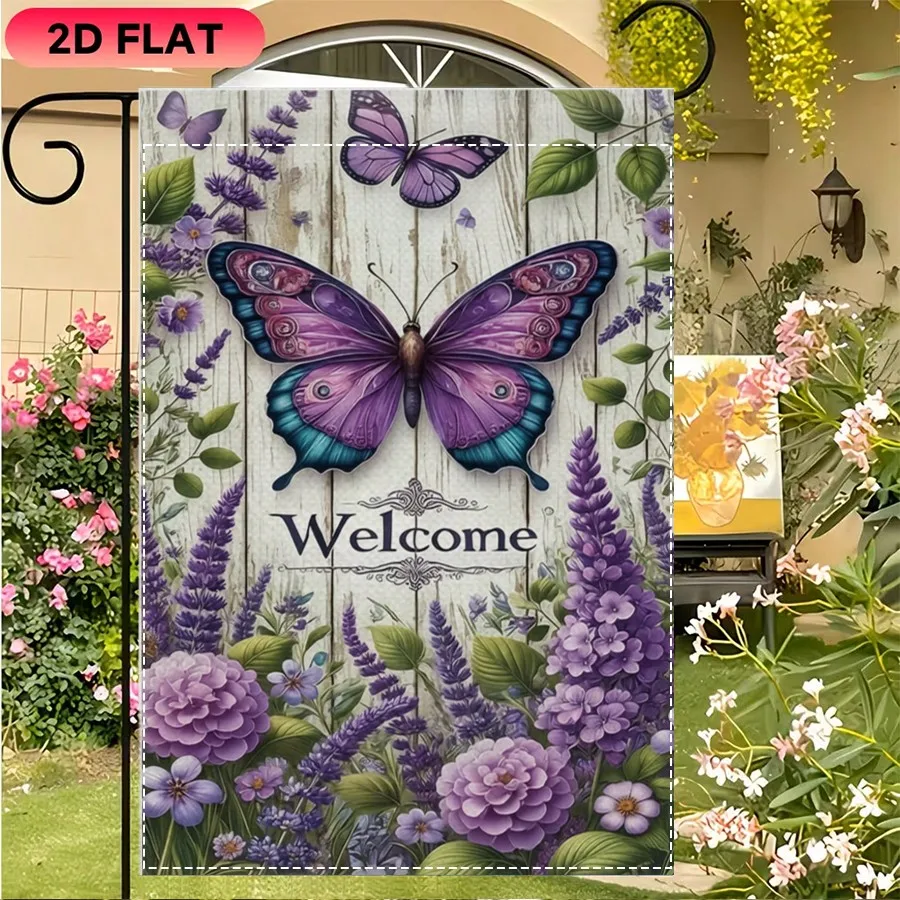 

1pc Purple Butterfly Floral Welcome Garden Flag, Rustic White Wood Style Outdoor Yard Decor, Lavender Flower Garden Banner for Patio Lawn Home