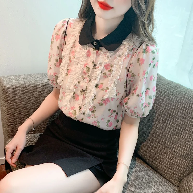 Pink floral short sleeved shirt for women\'s 2024 summer new contrasting lapel bubble sleeve French loose chiffon top