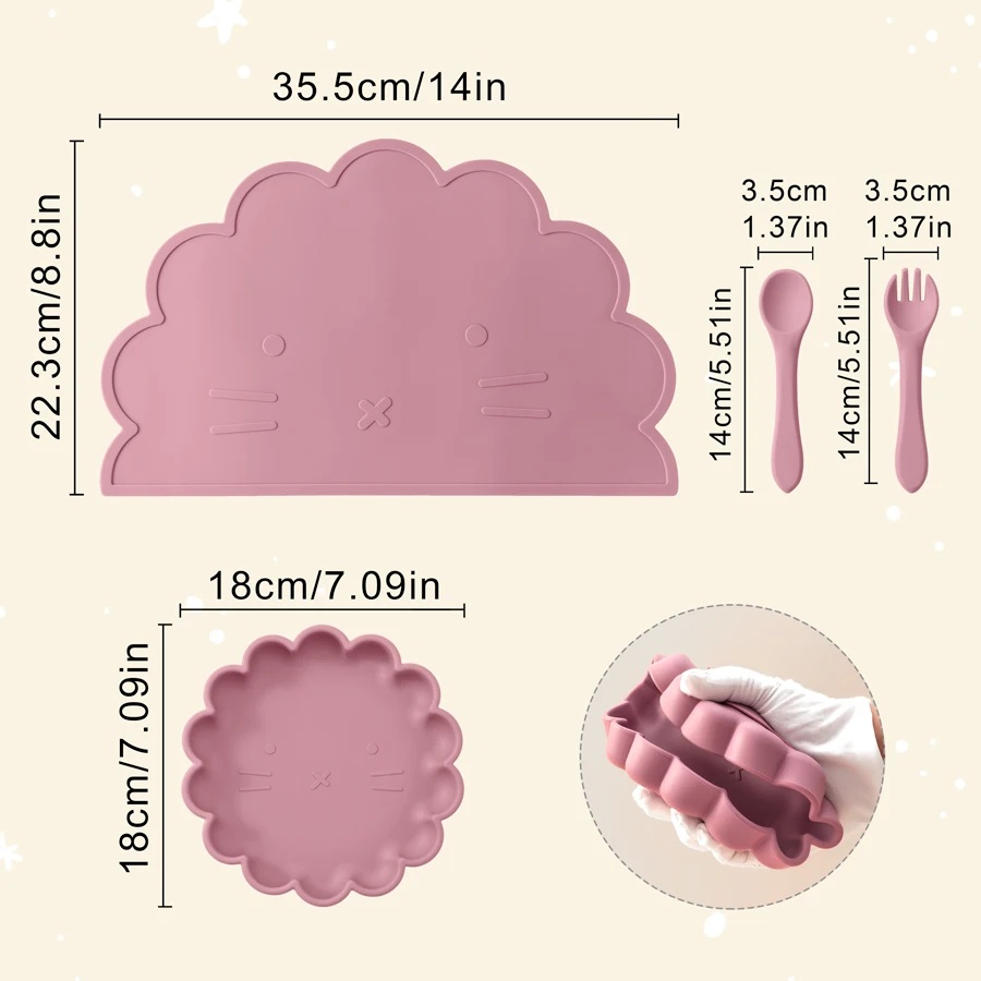 Wholesale BPA Free Silicone Baby Feeding Set 4 Pcs Cartoon Shapes Place Mat Soft Spoon Fork For Kids Newborn Weaning Tableware