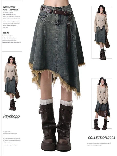 Summer Women Japanese Midi Skirt Denim Irregular Skirt A-line 2000s Abi Y2k Korean Shoujo E-girl Gyaru Tassels Skirt Cyber Punk