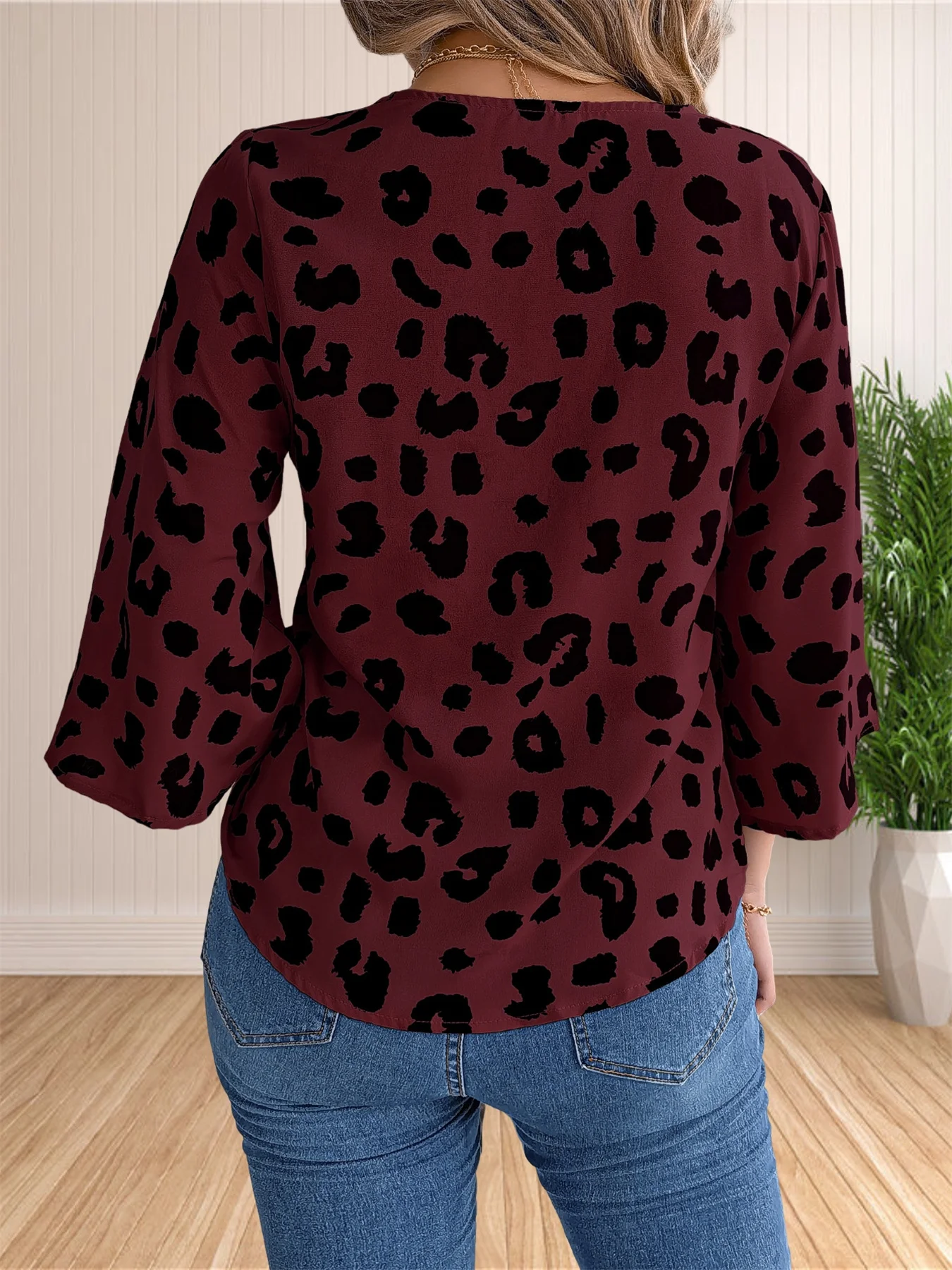 여성용 루즈한 V넥 블라우스, 단추 다운 3/4 소매 타이 매듭 튜닉 셔츠 상의