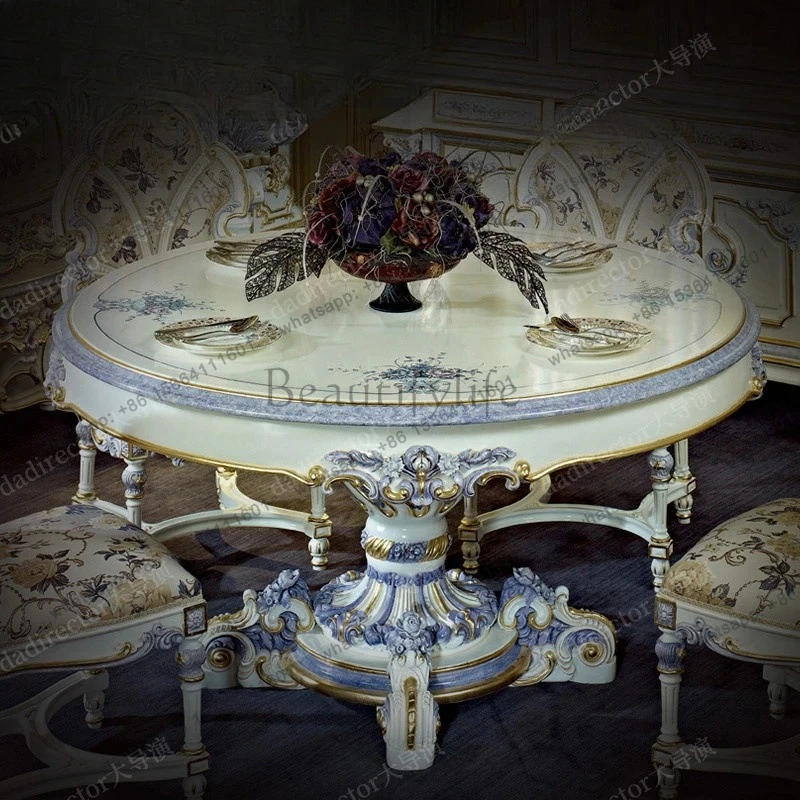 dining table and chair combination mansion French court round dining table large apartment solid wood carving dining table