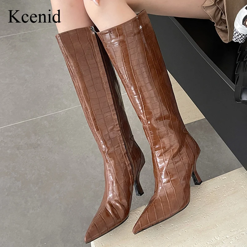 

Kcenid Sexy Knee-High Boots For Women Fashion Stone Pattern Pointed Toe Heel Shoes Autumn Winter Modern Long Booties Big Size 43