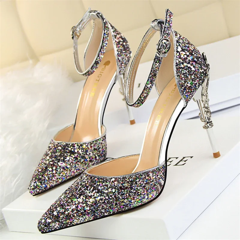 Spring Summer Golden Glitter Sequined Women Pumps Elegant Thin High Heels Fashion Ankle Strap Party Wedding Bridal Shoes