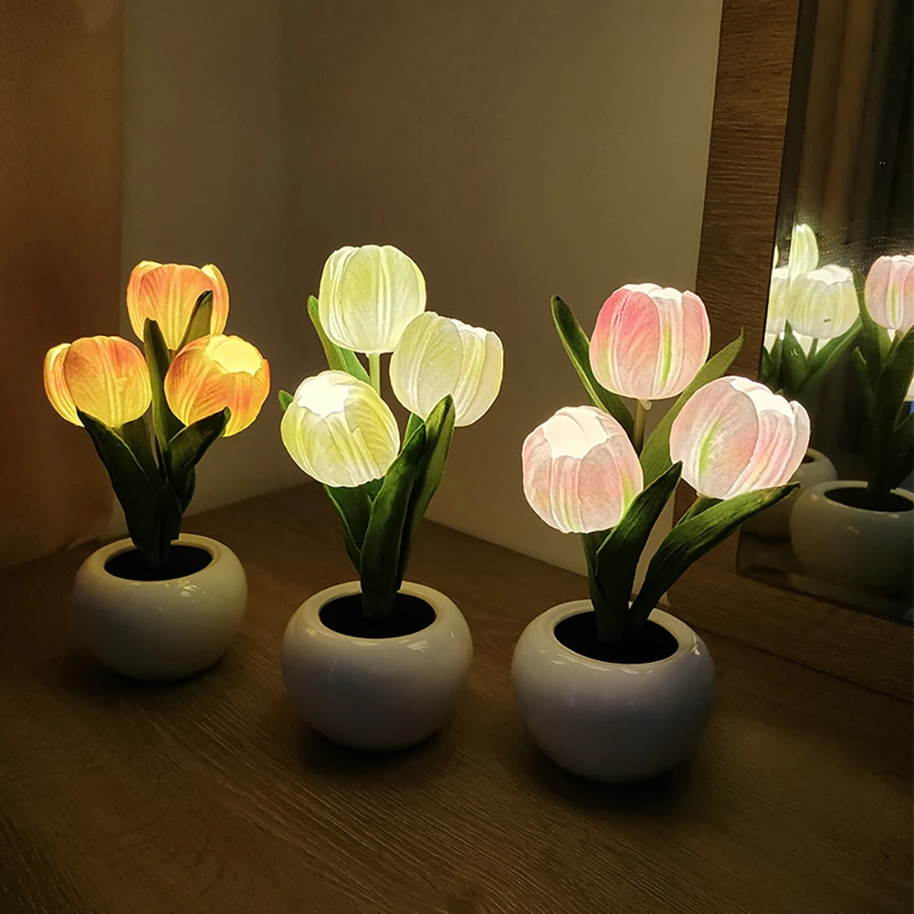 Led Simulation Tulip Night Light with Vase,3 Heads Tulip Flower Table Lamp Ornament Flower Potted Ambient Light for Her Birthday