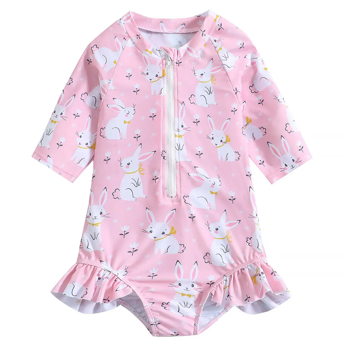 Toddler Baby Girls Half Sleeve One Piece Rash Guard Swimsuit Zipper Ruffles Pink Bunny Print Sun Protection 1-6 Years
