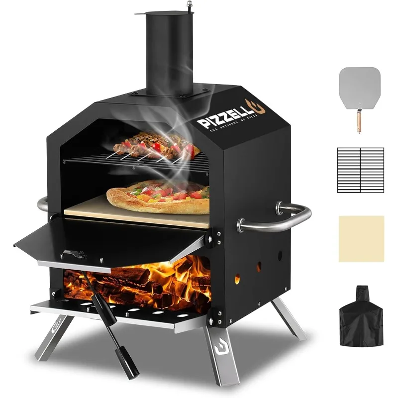 

Outdoor Pizza Oven Wood Fired 2-Layer Ovens Outside Maker with Stone, Peel, Cover,Removable Cooking Rack for Camping Backyard